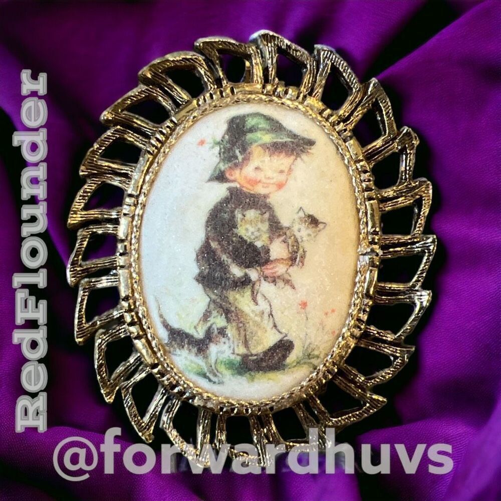 Hand-Painted MJ Hummel Style Porcelain Brooch in Bronze Oval Frame